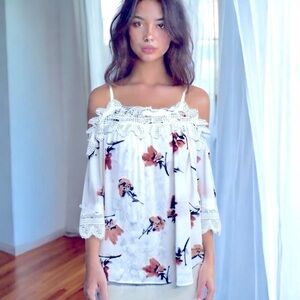 A. Byer Off the Shoulder Lace Trimmed Spaghetti Strap Top Med